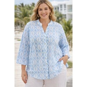 Ruby Rd Woman 3X Blue White Embroidered Cotton Blouse Coastal Resort Tunic Plus